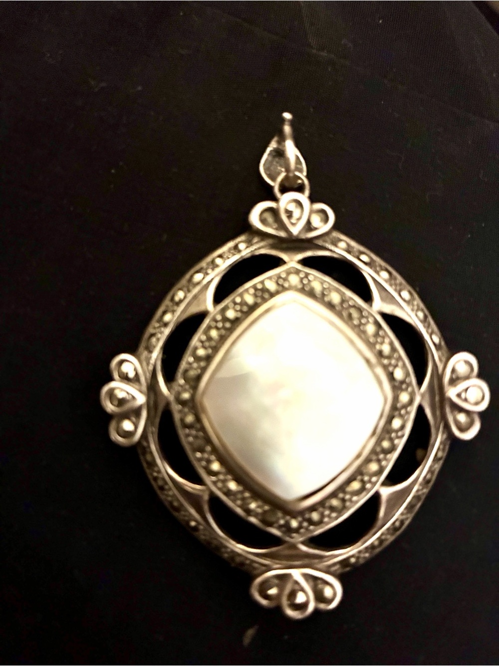 VINTAGE, ELEGANT,Sterling Silver, Marcasite & Mother of Pearl Filigree Pendant.